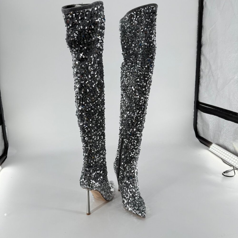 Steve Madden Silver Sequin Over-The-Knee Pointed Toe Stiletto Heel Boots Size 7 - Picture 9 of 15